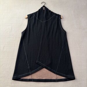 Ibex Vest Women's Large Black Tan Open Front Merino Wool Reversible Draped Logo